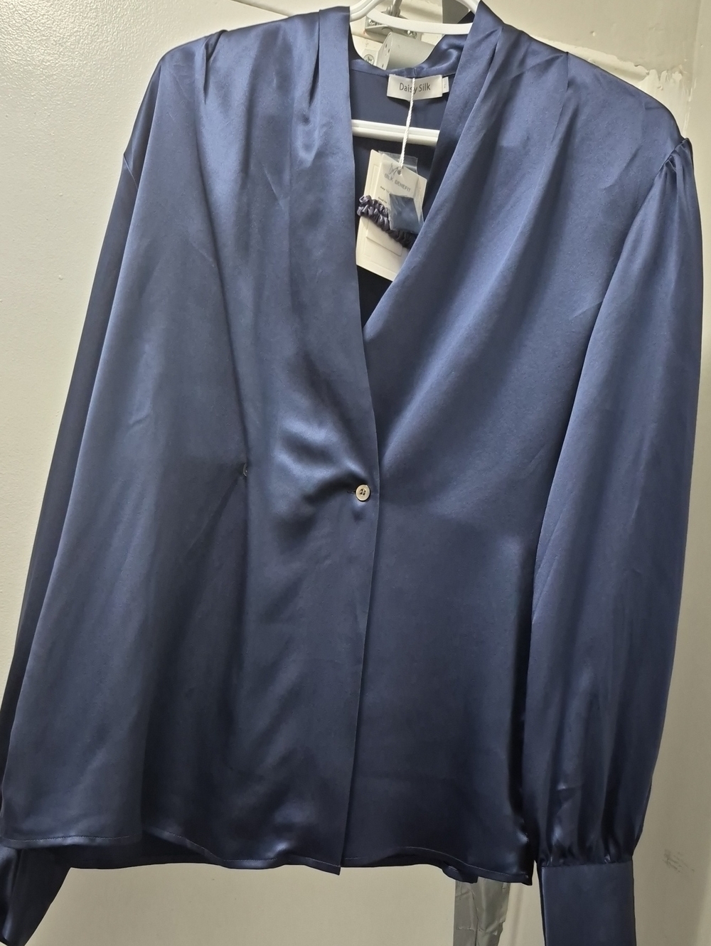 Silk Navy V-Neck Single-Button Blouse